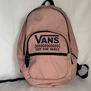 Vans Off The Wall Backpack Pink with Black Logo Front Three Zippered Pocket